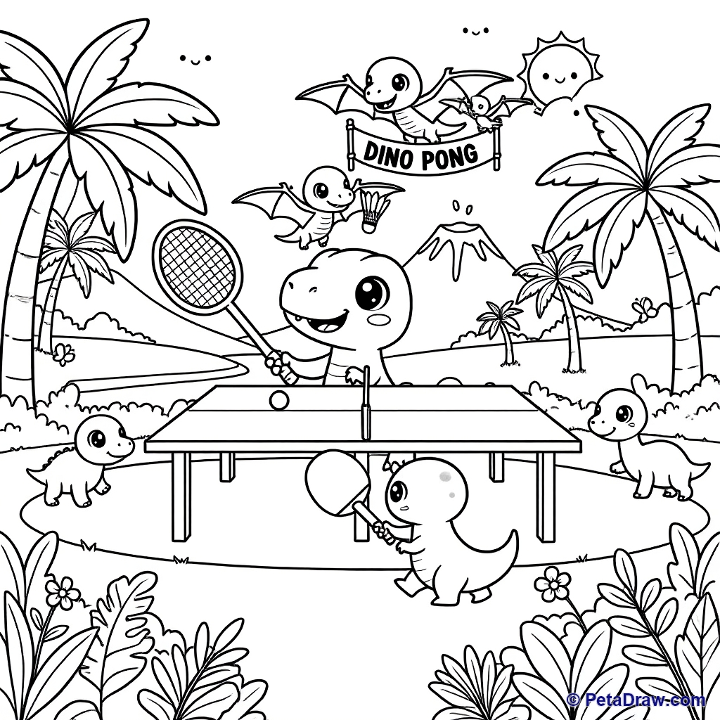 Dinosaurs playing table tennis