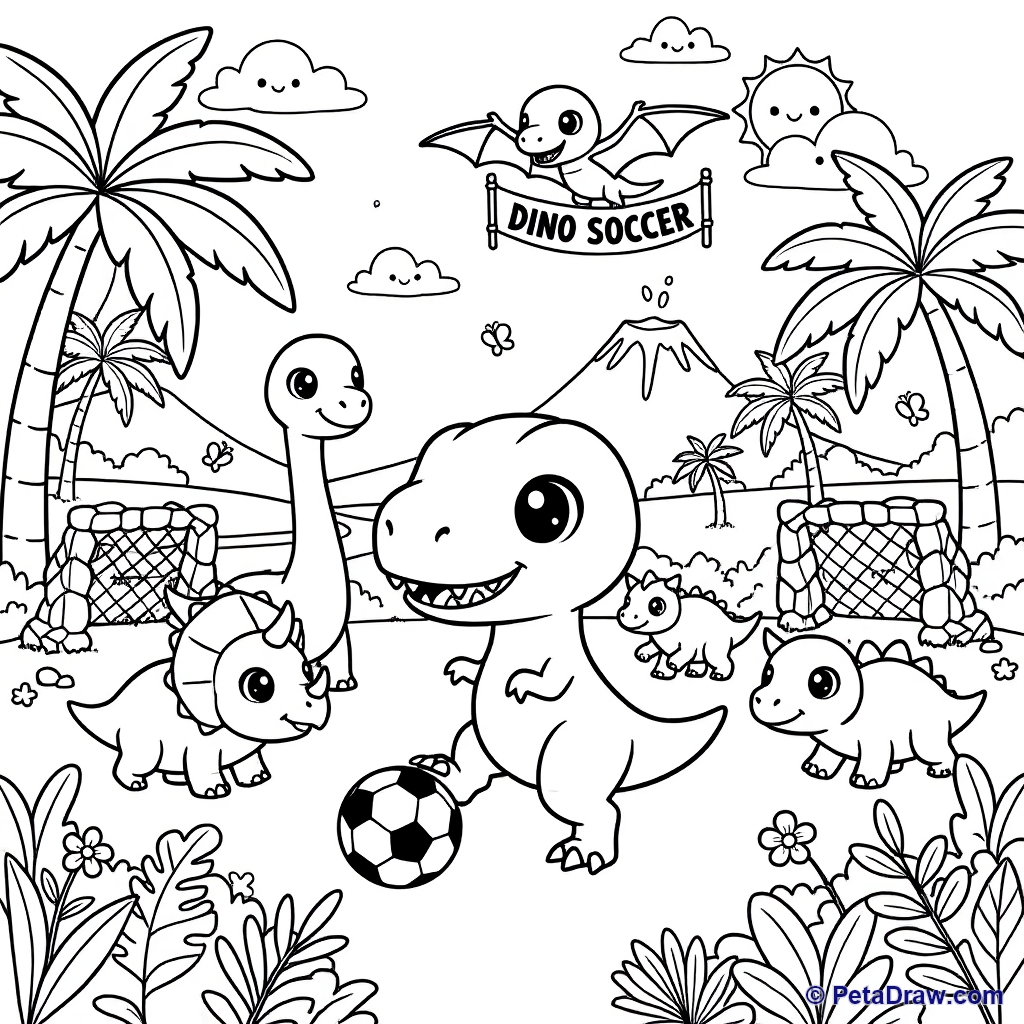 Dinosaurs playing soccer